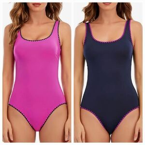Lucky Brand Women's Navy / Pink Crochet Trim Reversible Piece Swimsuit